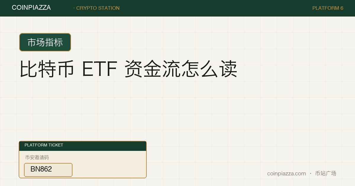 币站广场车站票据风封面:类目「市场指标」,标题「比特币 ETF 资金流怎么读」