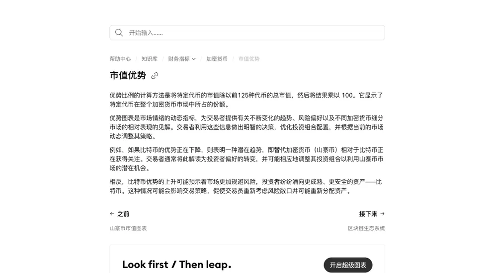 TradingView 中文帮助中心市值优势词条页面，正文第一段写着优势比例是特定代币市值除以前125种代币总市值再乘以 100，下面三段讲比特币优势上升和下降的含义